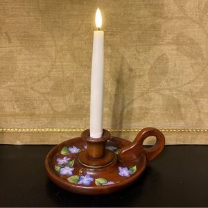 Hand Painted African Violet Folk Art Wooden Chamberstick Candlestick Holder 2.5”